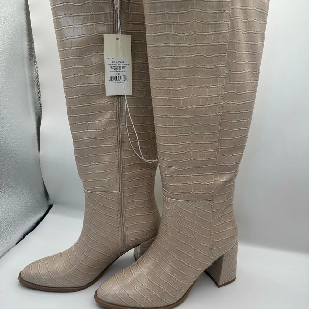 a new day Croc-Embossed Beige Over the Knee Boots